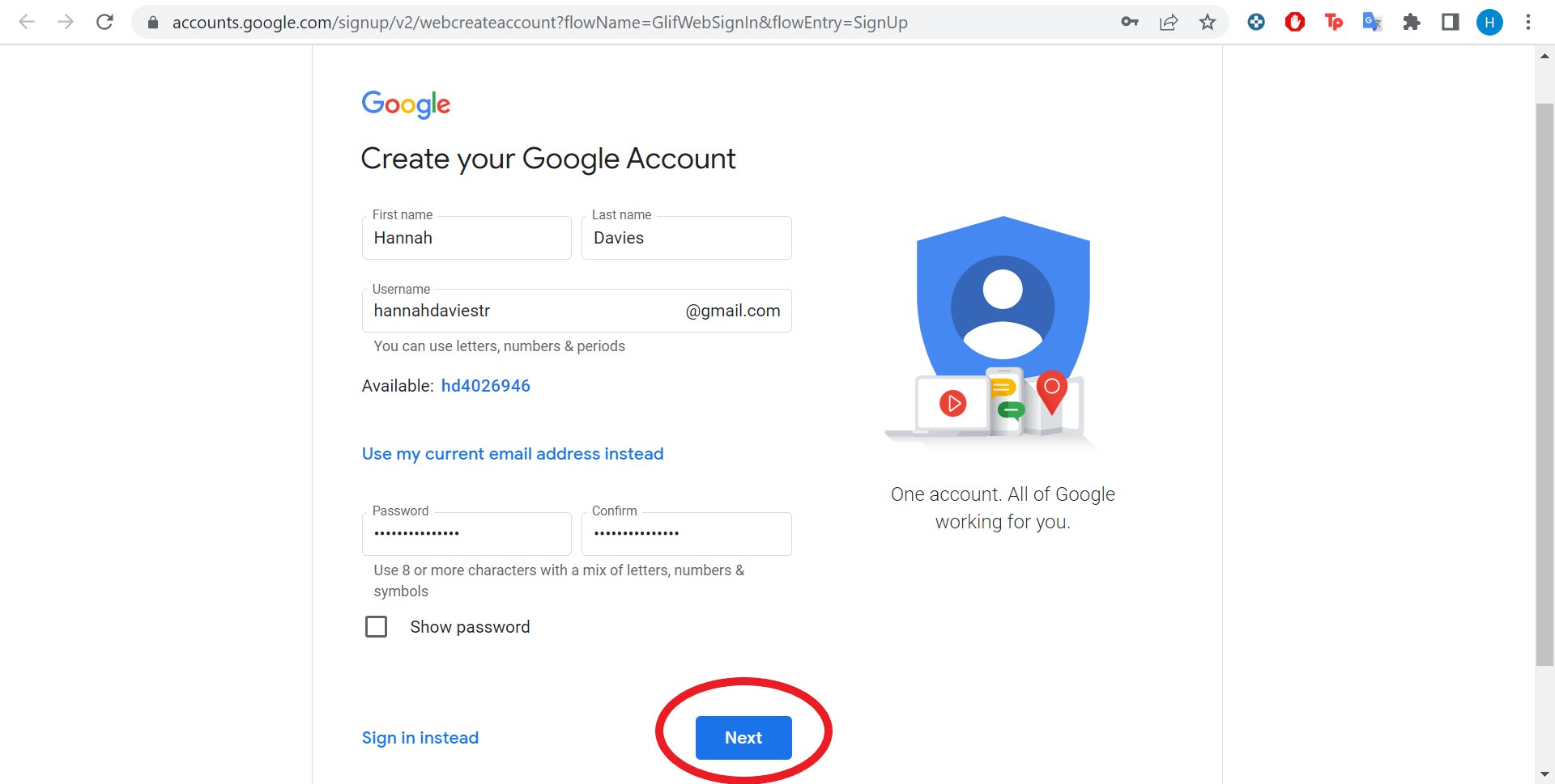 New Google Account Signup